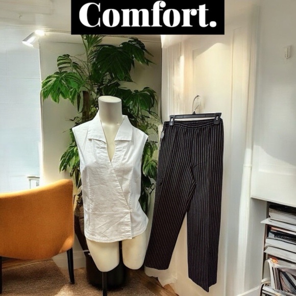 Willi Smith/Chico`s,Woman,Black Striped Pants+White Sleeveless Blouse Set,Sz L.! - Picture 1 of 15